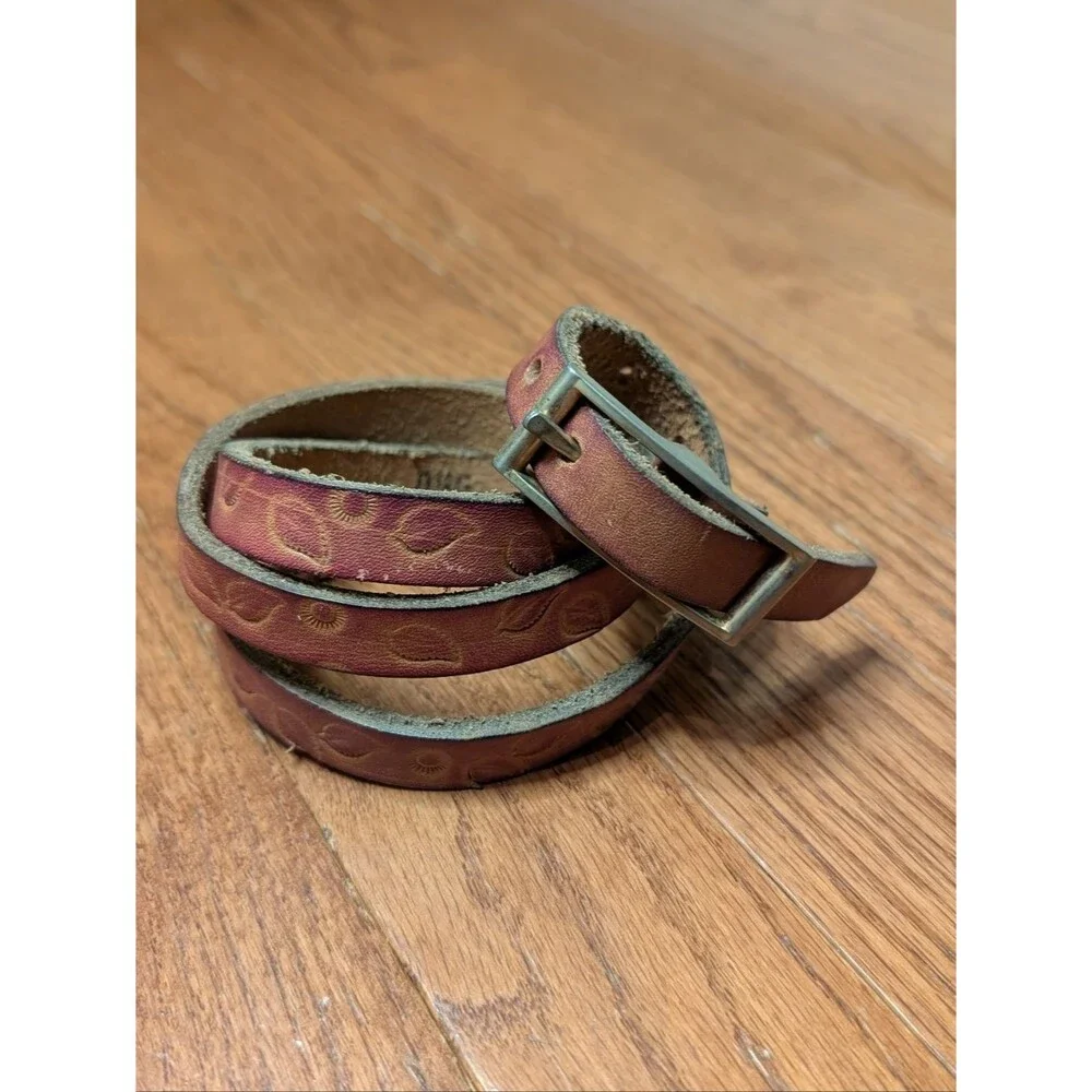 Vintage Tooled Leather Skinny Belt Floral Embossed Boho Wrap nature western